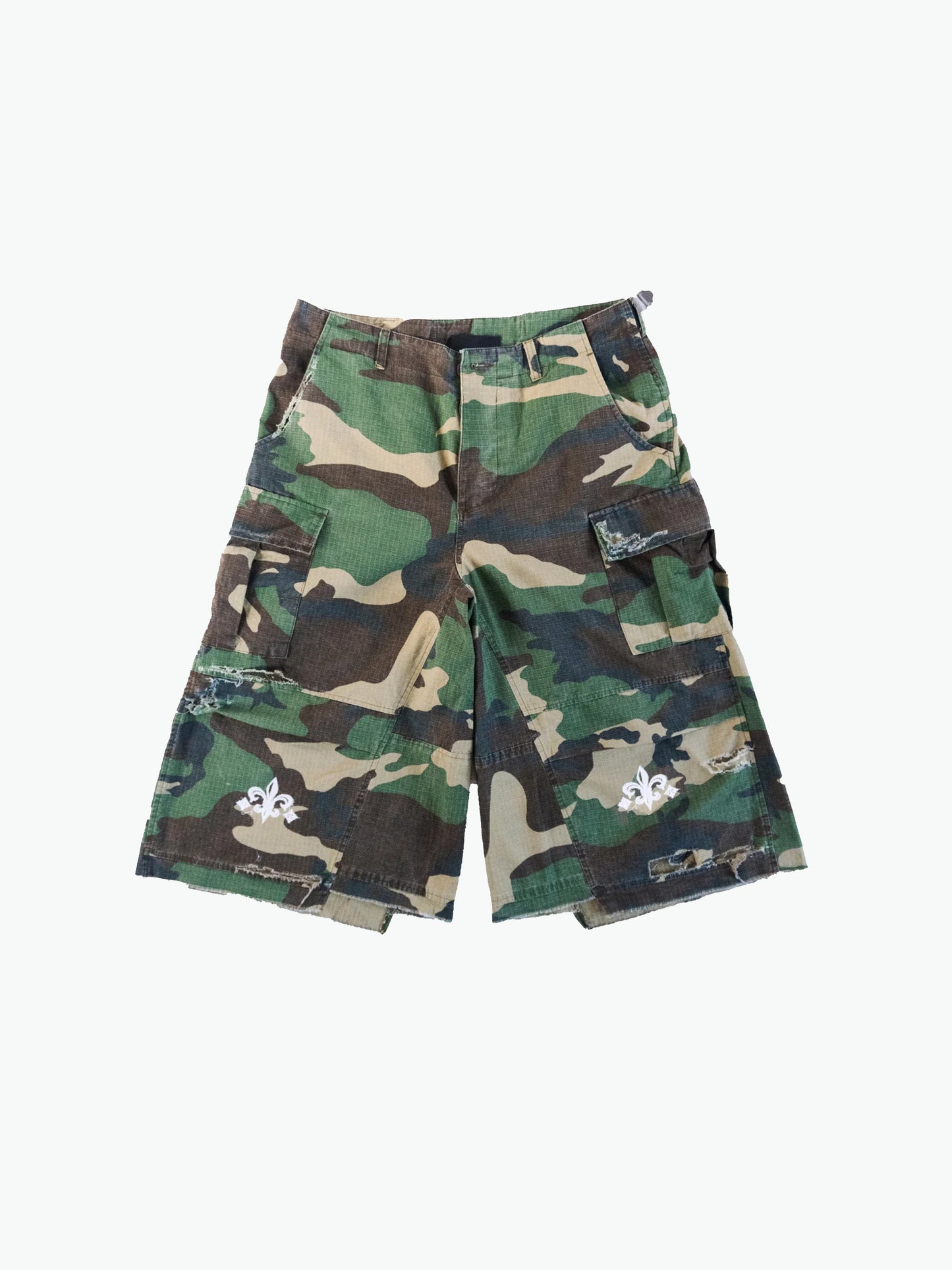 distressed camo shorts