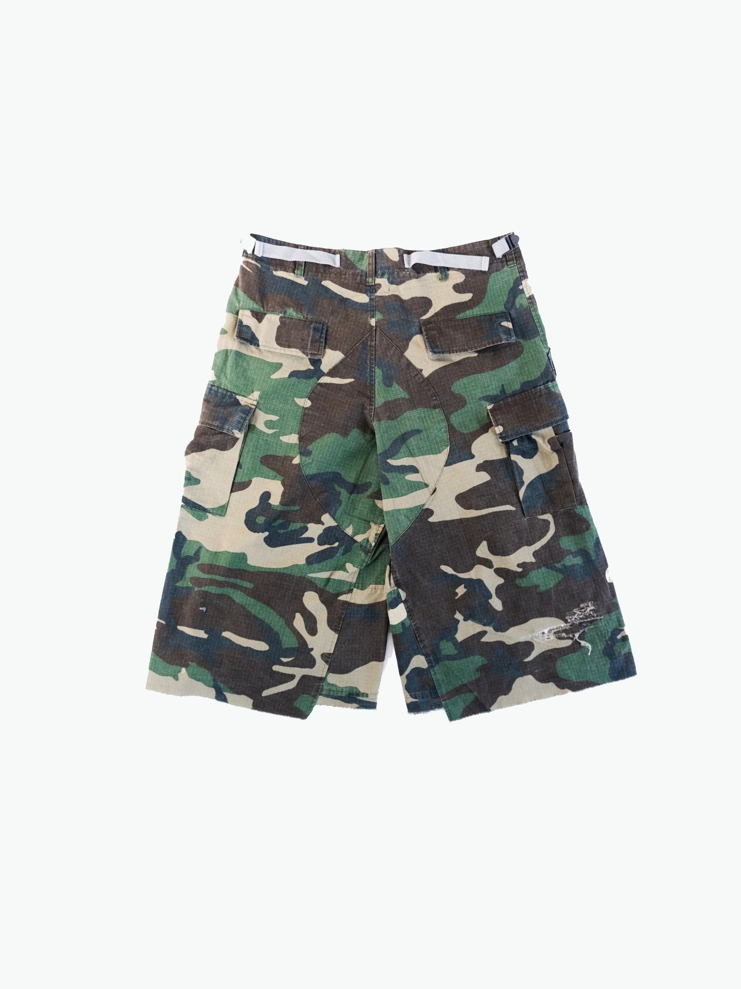 distressed camo shorts