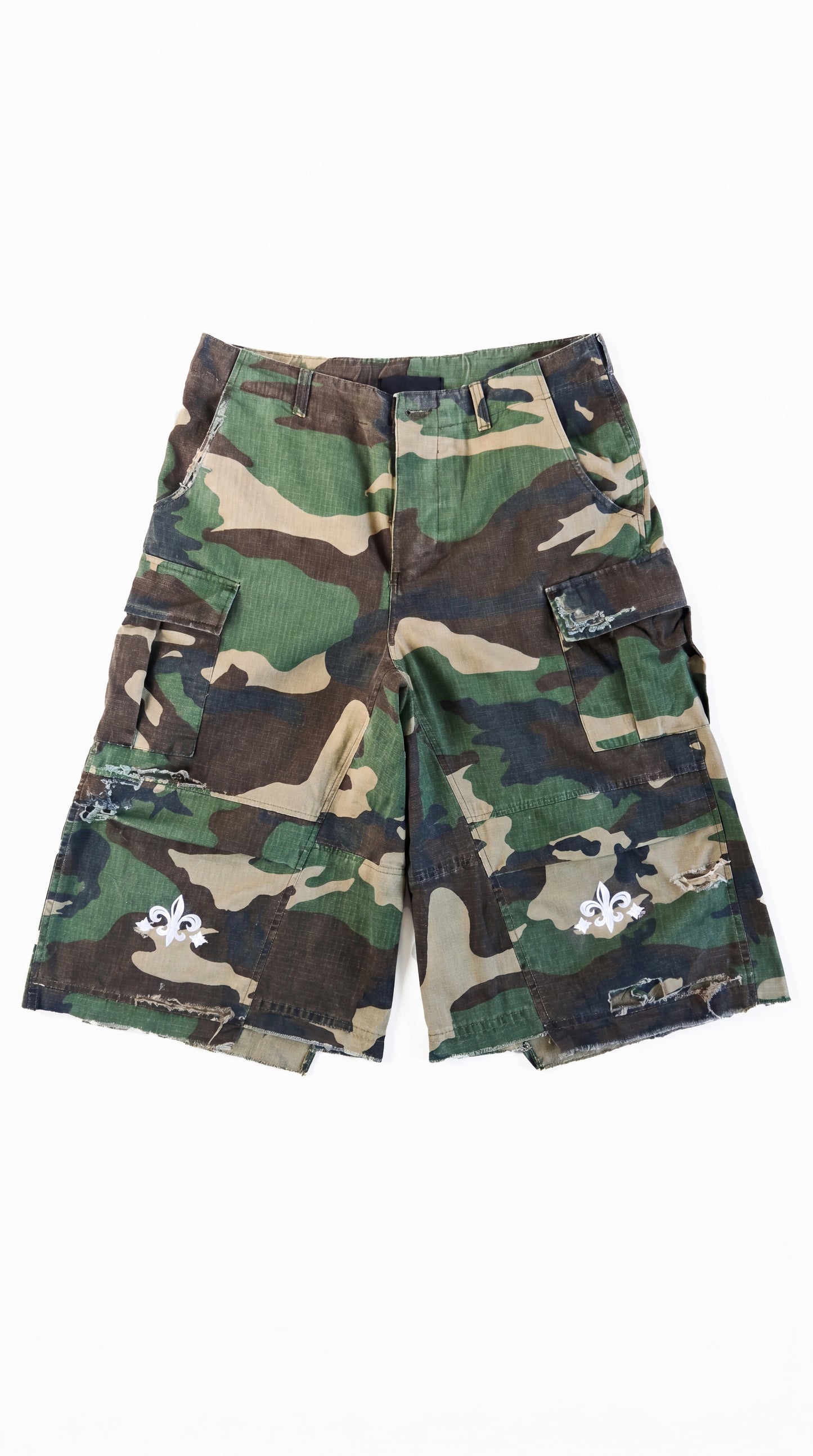 Distressed camo shorts