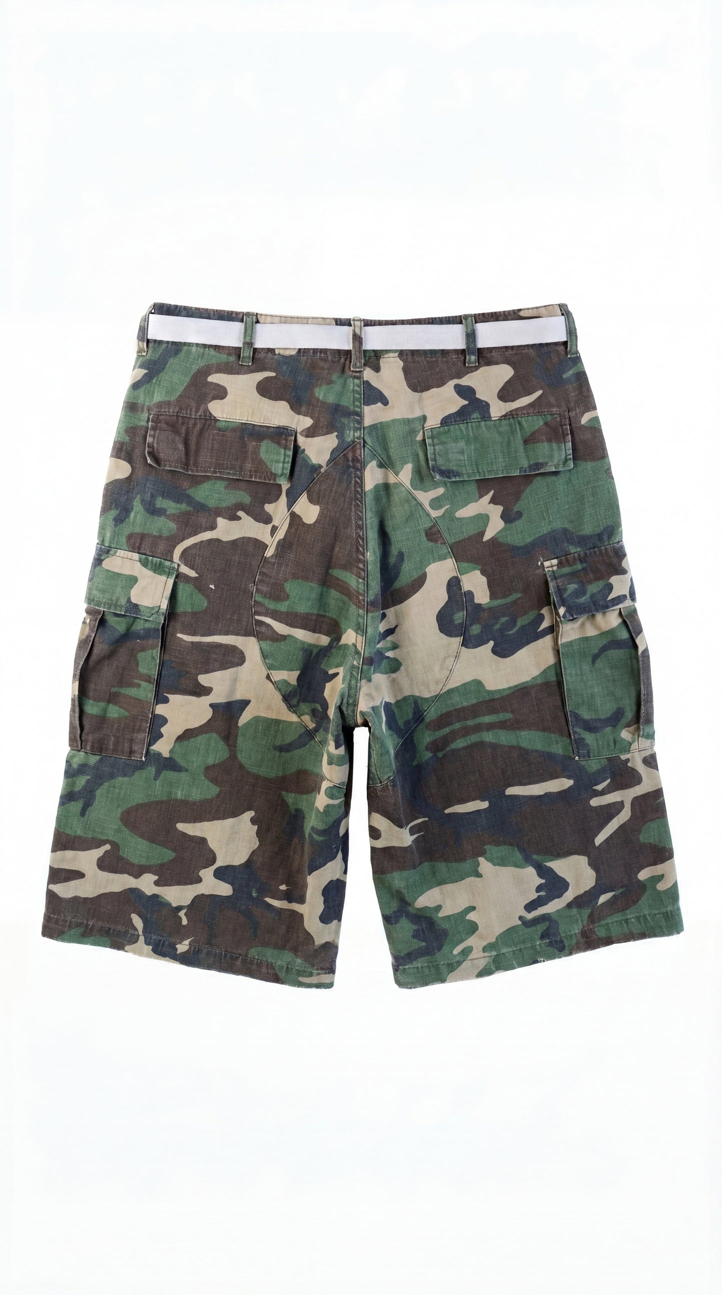 Distressed camo shorts